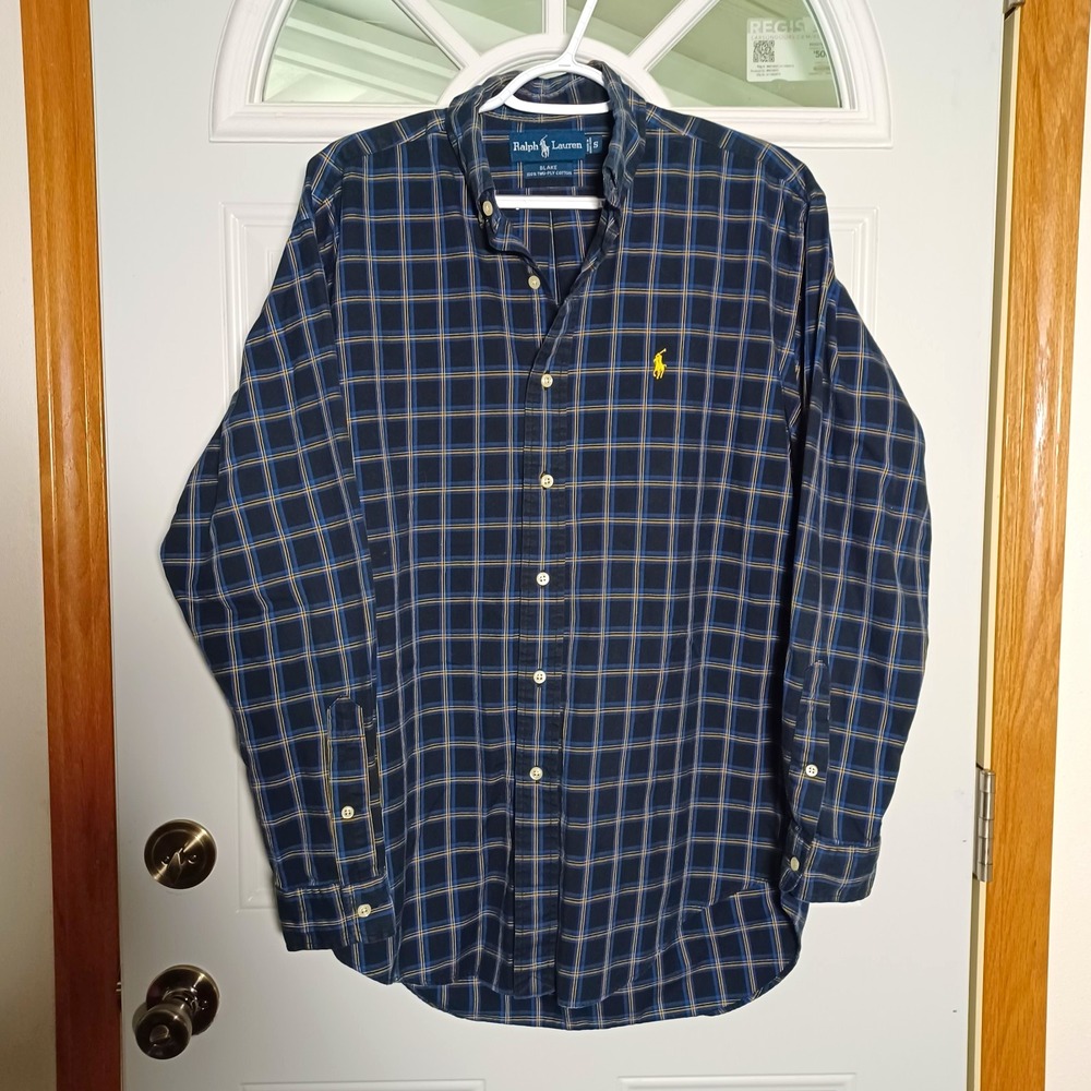 Ralph Lauren Blake Mens Small Navy Blue Yellow Plaid L/S Button Down Shirt